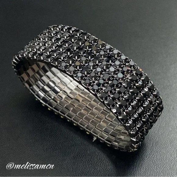 Prom Pageant Bridal Jewelry - Black 6-Row Rhinestone Stretch Fit Bracelet